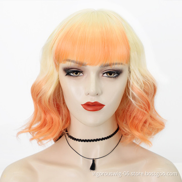 Bob Natural Wave Wig Ombre Blonde Red Hair with Bangs Synthetic Short Wig for Women Heat Resistant Fiber Hair 16 inches